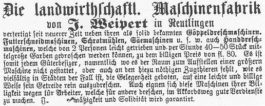 Die Reutlinger Firma von Johann Michael Weipert, 1867