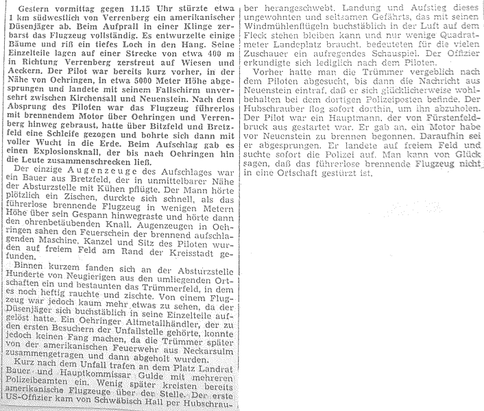 1952 Düsenjägers, Zeitung in Verrenberg