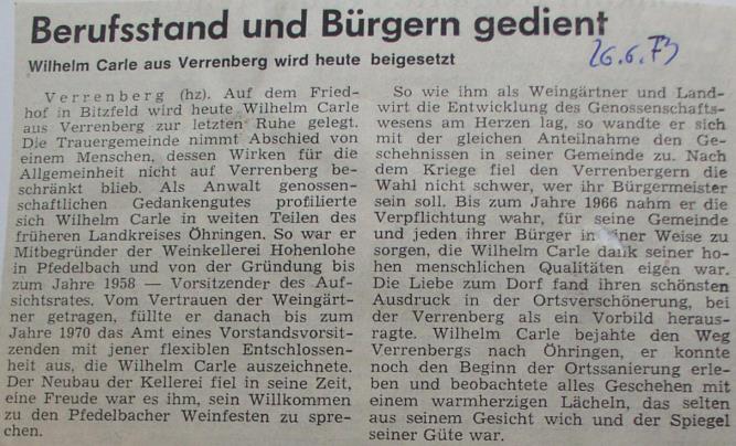 1973 Wilhelm Carle wird beigesetzt, Zeitung Verrenberg 